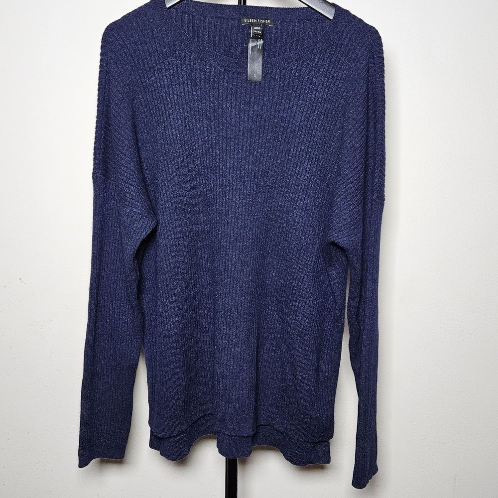Eileen Fisher Blue 100% Cashmere Vertical Ribbed Crewneck Sweater XL Lagenlook